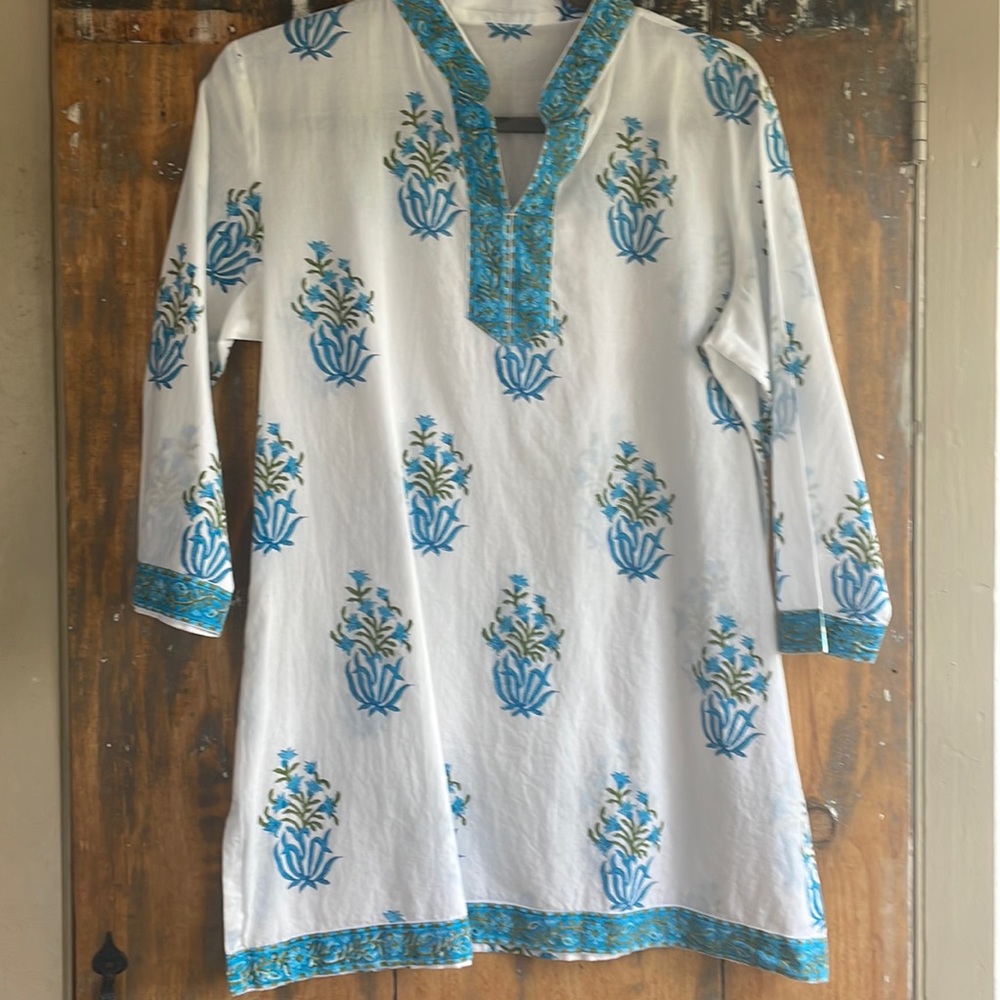 Handmade Indian Floral Split-Neck Tunic Top Kurti Swimsuit Cover-Up